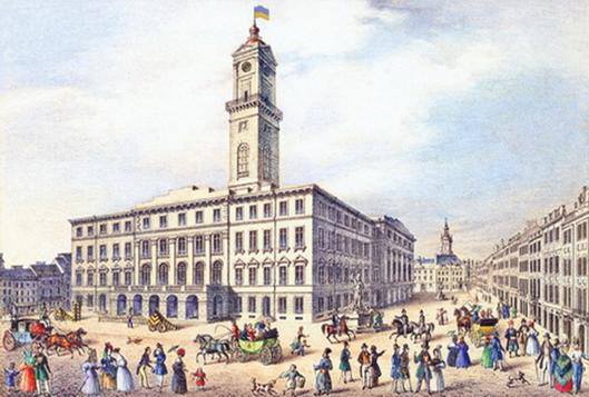 Синьо-жовтий прапор над ратушею у Львові, 1848 р.
